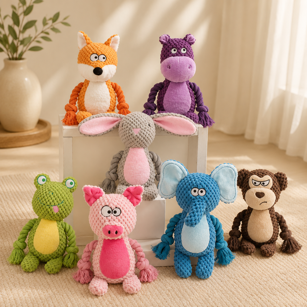 Pet plush sound cotton rope toy fox frog pig dog interactive tug of war training supplies