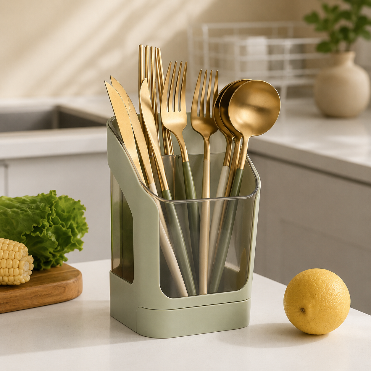 Modern Kitchen Utensil Holder with Drain Tray | Large Capacity Chopstick & Cutlery Organizer
