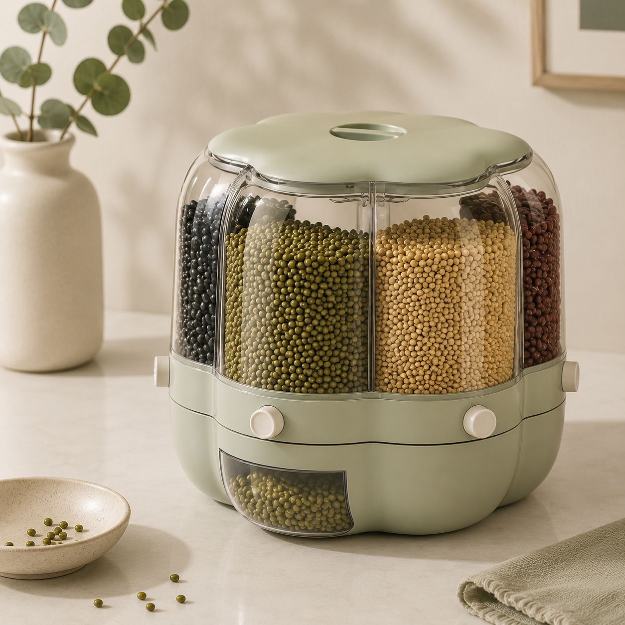 Rotatable Grain Storage Box, Divided Into Compartments, Household Insect Proof And Moisture-Proof Sealed Grain Storage Box