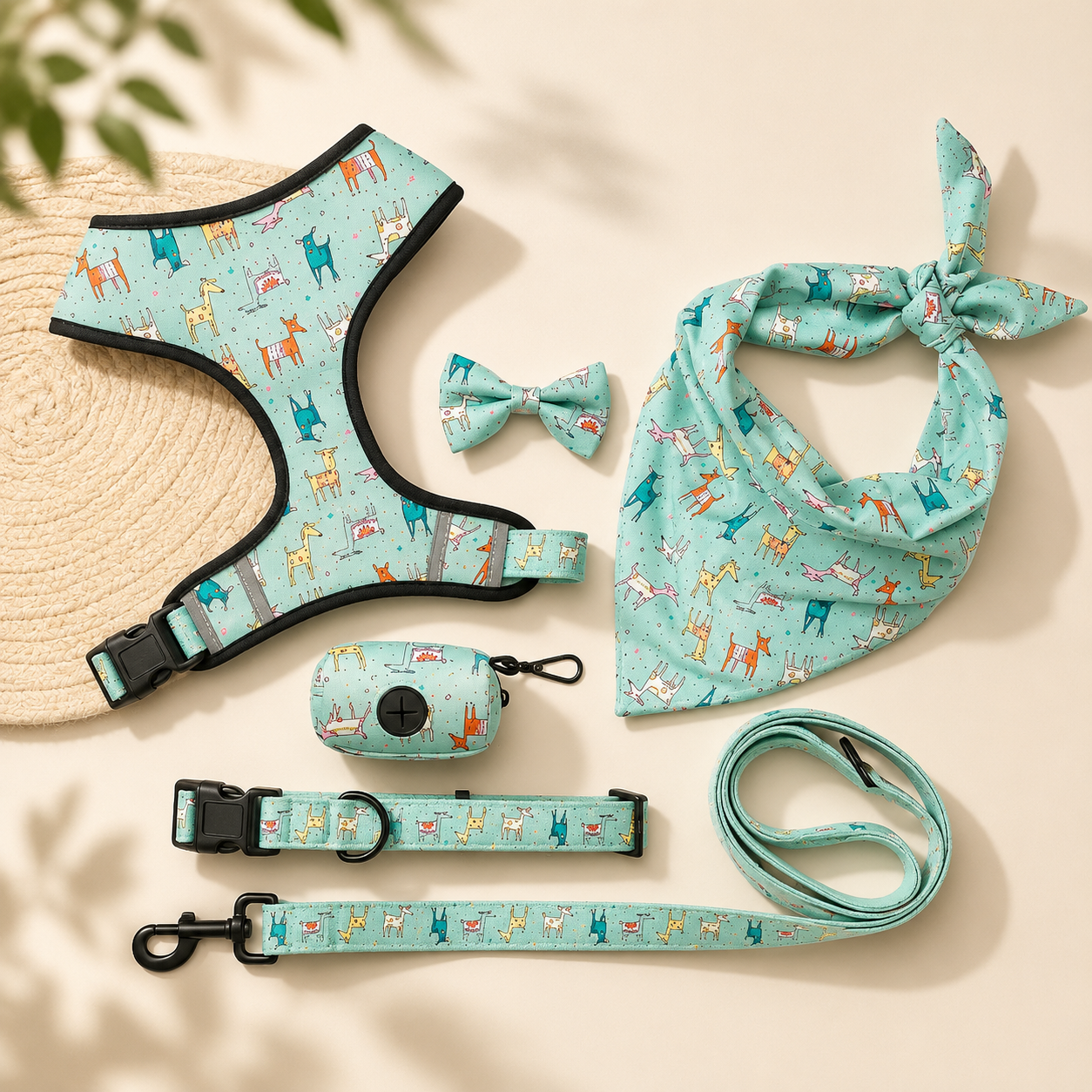 Printed 6-Piece Pet Harness & Leash Set – Adjustable Polyester Harness for Cats & Small Dogs