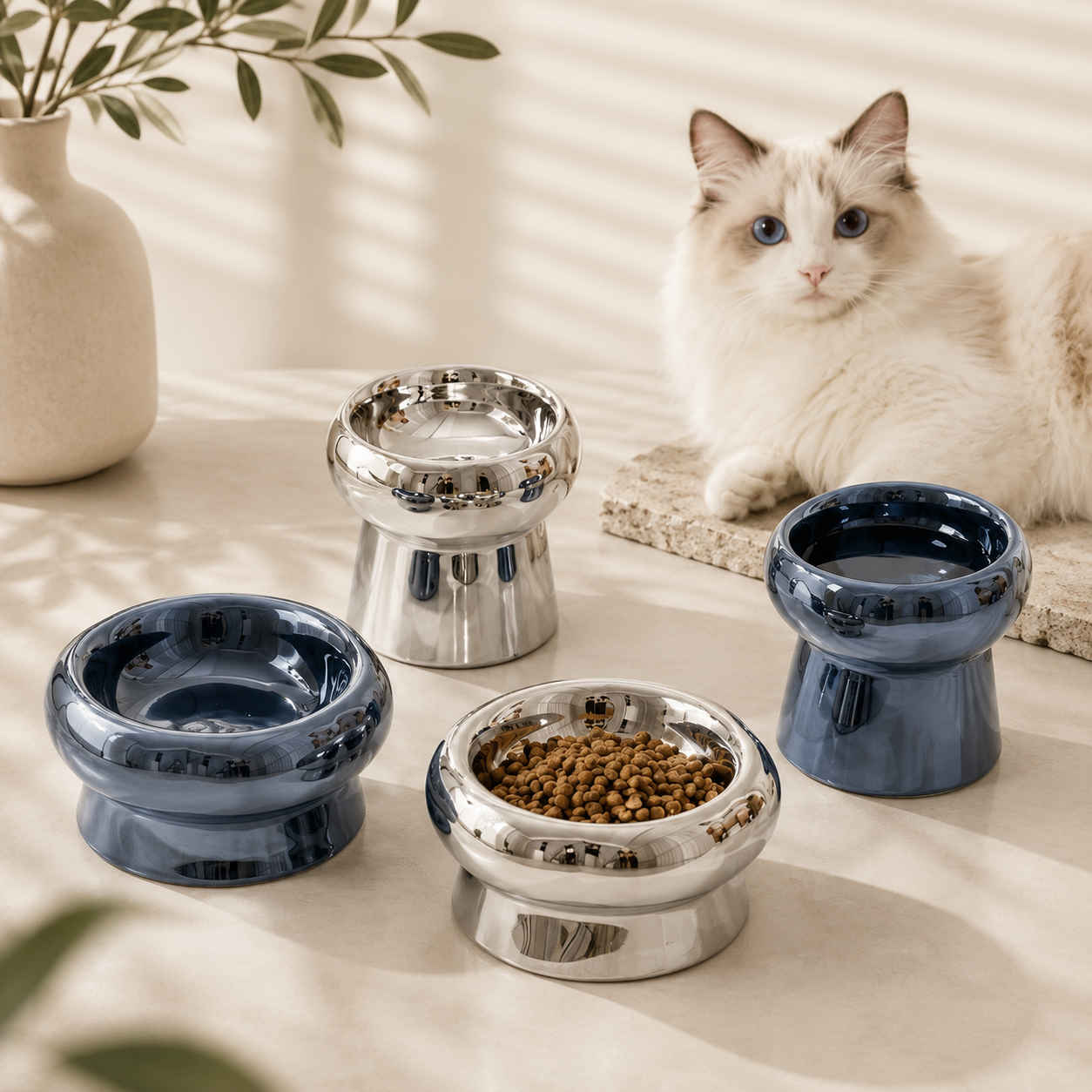 Electroplated Mirror Ceramic Pet Bowl – Premium Food & Water Bowl for Cats & Small Dogs