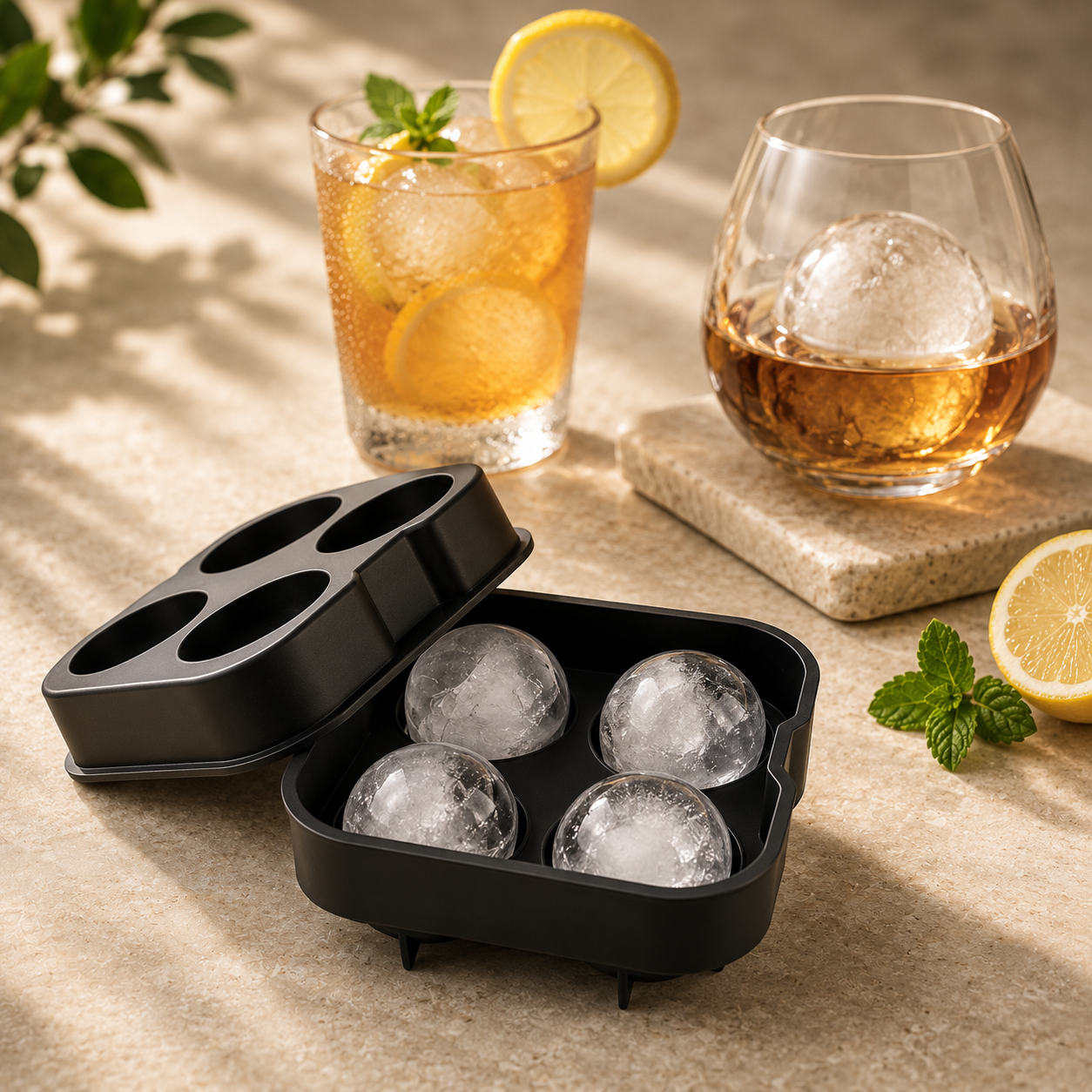 Cocktail Whiskey Ice Ball Maker Ice Cube Tray 4 Large Silicone Ice Molds Maker Kitchen Bar Accessories