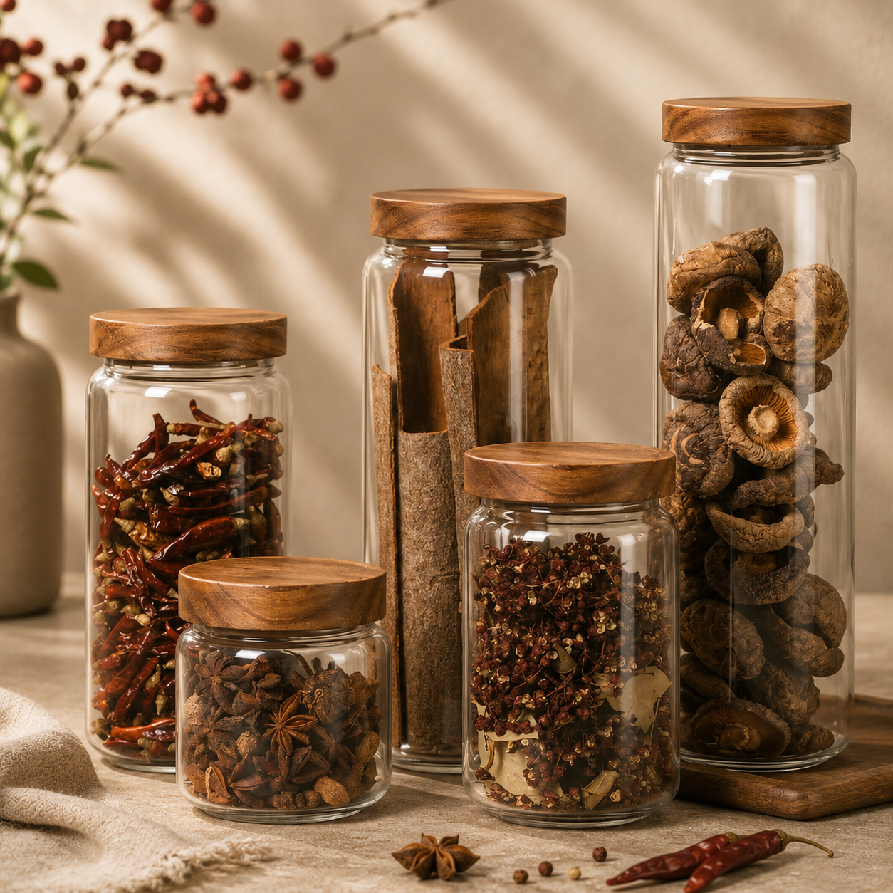 Kitchen Storage Wood Lid Glass Airtight Canister Bottles Jars Food Container Grains Tea Coffee Beans Grains Candy Jar Containers