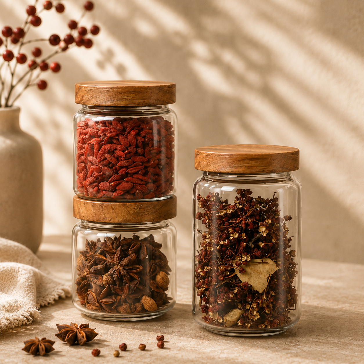 Kitchen Storage Wood Lid Glass Airtight Canister Bottles Jars Food Container Grains Tea Coffee Beans Grains Candy Jar Containers