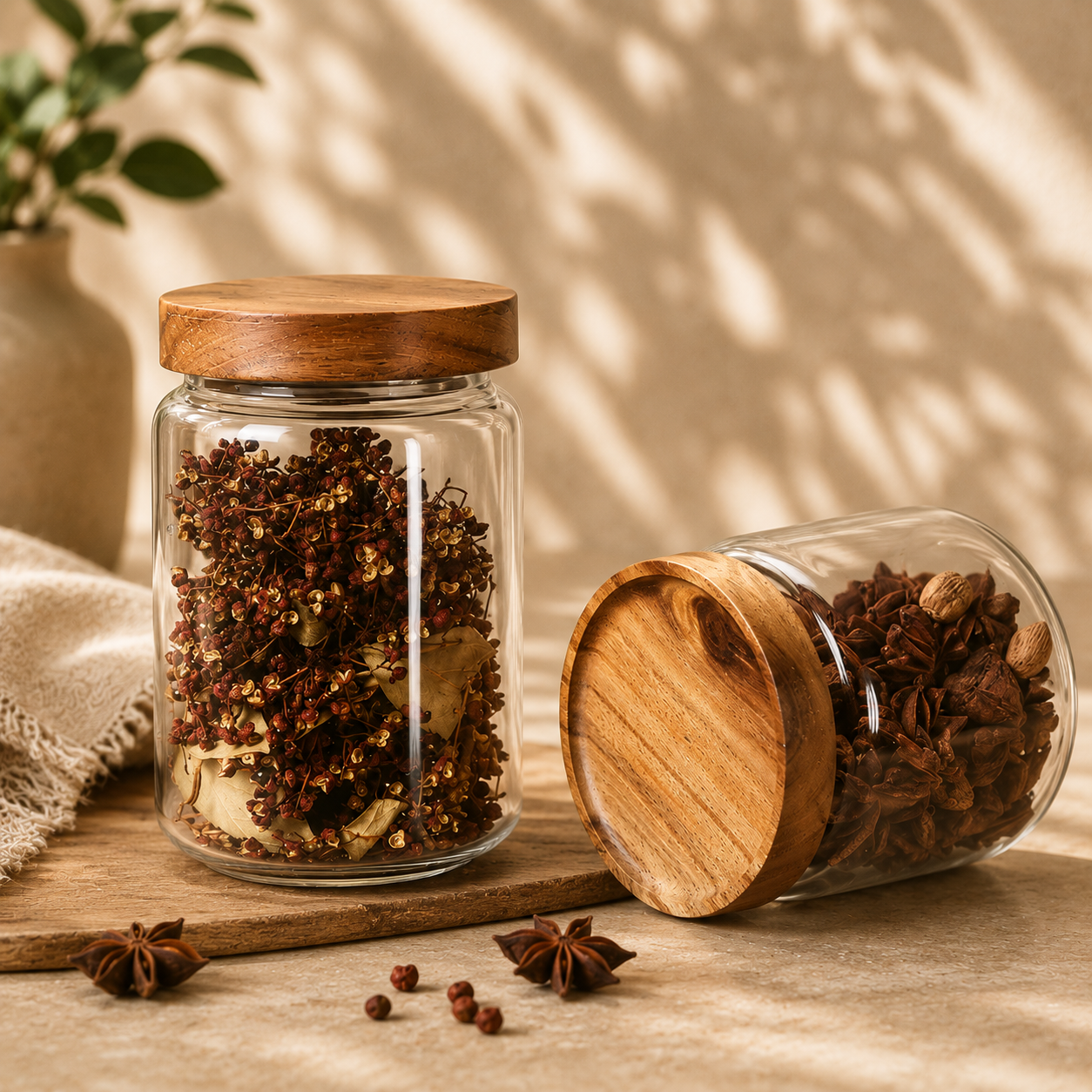 Kitchen Storage Wood Lid Glass Airtight Canister Bottles Jars Food Container Grains Tea Coffee Beans Grains Candy Jar Containers