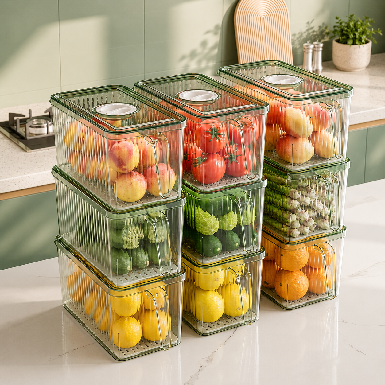 Stackable Refrigerator Storage Box with Drain Tray & Lid – Clear Food Storage Container with Handle
