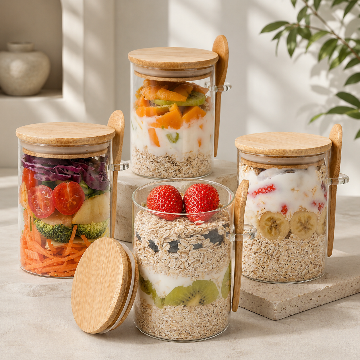 Round Glass Storage Jar with Spoon & Airtight Lid – Kitchen Container for Coffee, Sugar, Tea & Spices