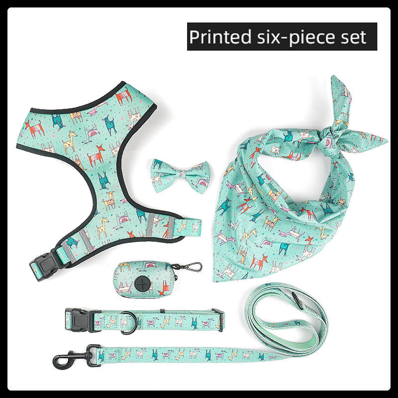 Printed 6-Piece Pet Harness & Leash Set – Adjustable Polyester Harness for Cats & Small Dogs