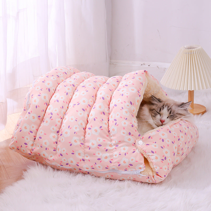Warm Plush Cat Bed with Detachable Sleeping Bag – Cozy Hooded Pet Bed for Cats & Small Dogs