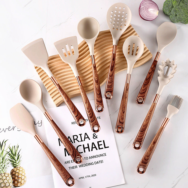 10-Piece Silicone Kitchen Utensil Set with Wooden Handles – Non-Stick Cooking Tools