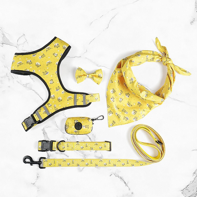 Printed 6-Piece Pet Harness & Leash Set – Adjustable Polyester Harness for Cats & Small Dogs