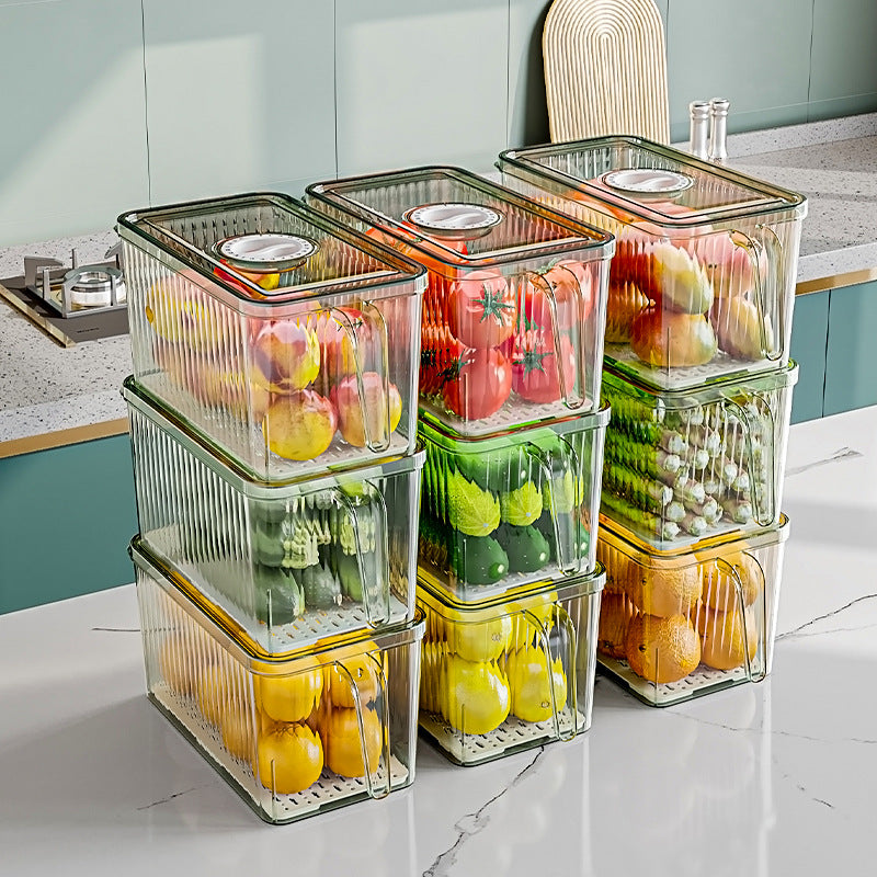 Stackable Refrigerator Storage Box with Drain Tray & Lid – Clear Food Storage Container with Handle