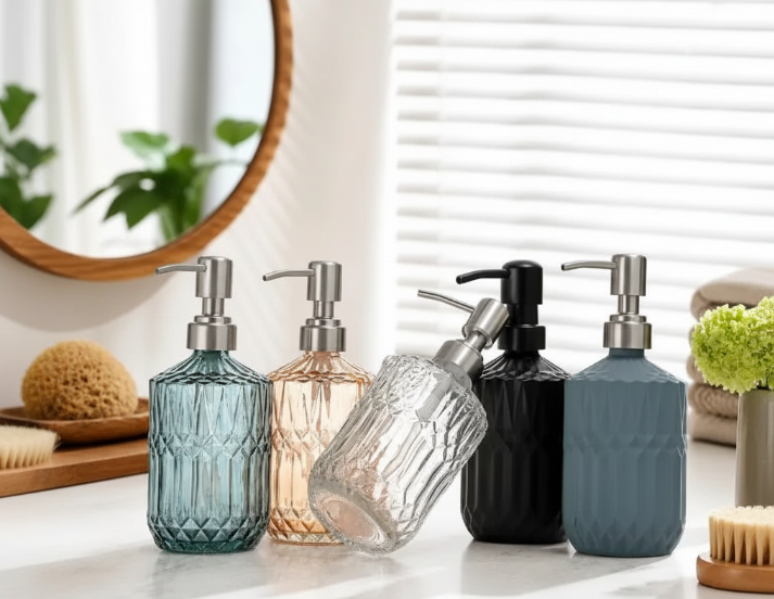 Diamond Textured Glass Soap Dispenser – 400ml Refillable Bathroom & Kitchen Pump Bottle
