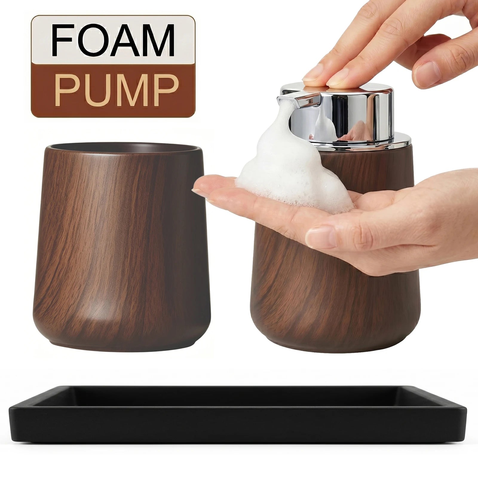 Cotton Lotion Hand Toothpaste Brush Storage Countertop Accessories Walnut Foam Soap Dispenser Bottle Set for Kitchen Bathroom