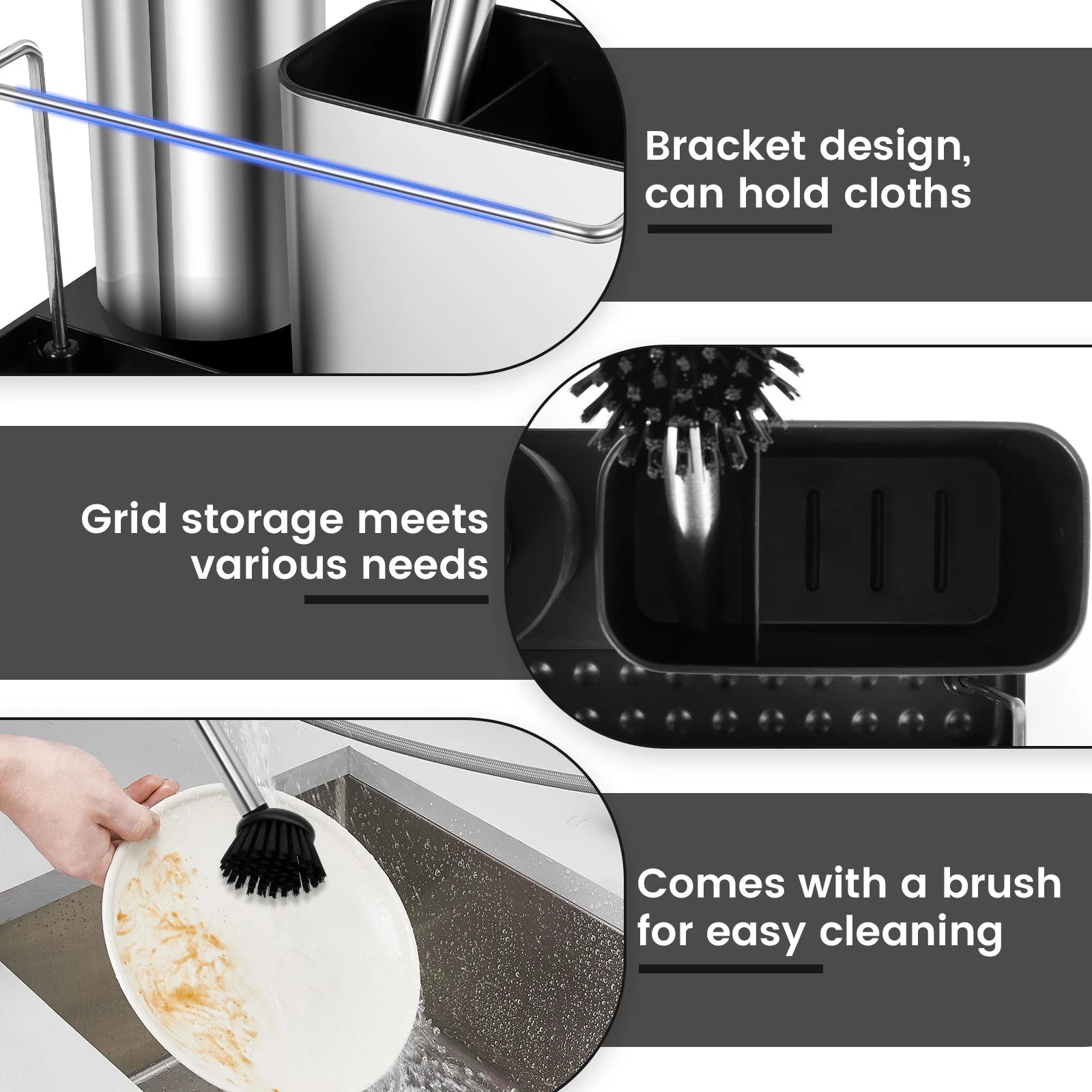 3 in1 Soap Dispenser Pump Set with Brush Sponge Holder Towel Bar Kitchen Sink Detergent Dispenser Cleaning Tool Storage