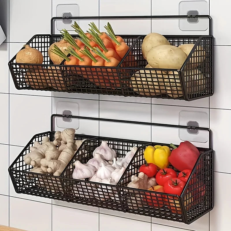 Wall-Mounted Metal Storage Basket – Kitchen Organizer for Onions, Garlic, Potatoes & Pantry Essentials