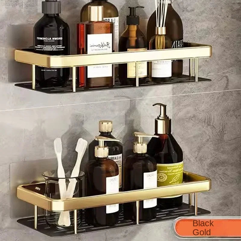 Punch Holes Black Gold Aluminum Shelves Bathroom Kitchen Storage Double Layer Space Saving Rustproof Wall Mounted Durable Design