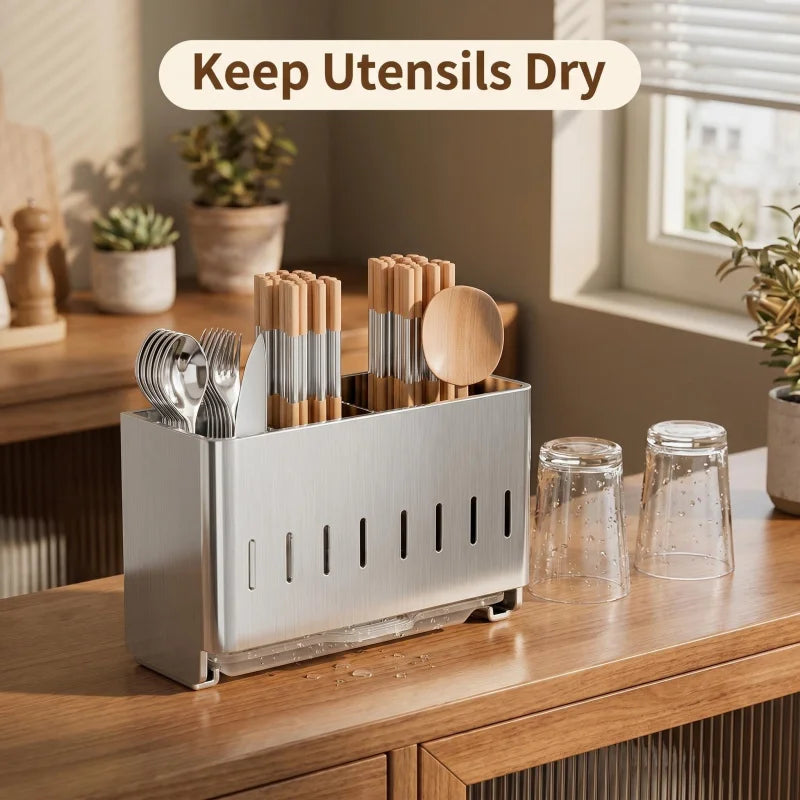 Stainless Steel Chopstick and Spoon Storage Rack Dual-Use for Wall Mounting and Countertop Detachable Drain Tray, Breathable and