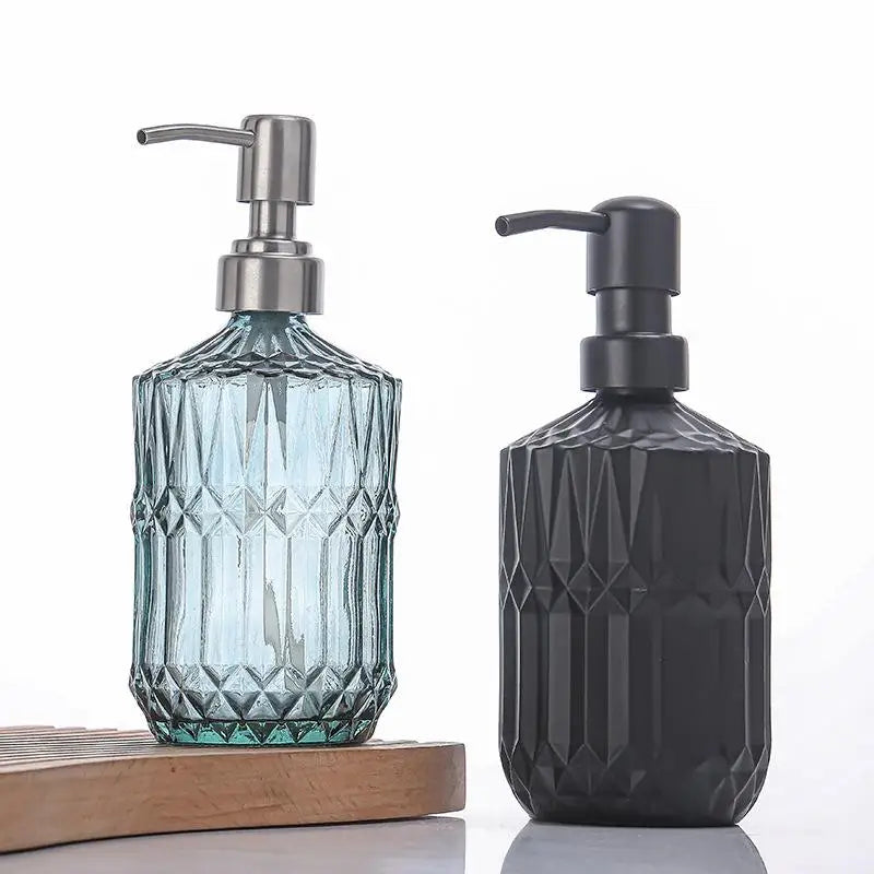 Diamond Textured Glass Soap Dispenser – 400ml Refillable Bathroom & Kitchen Pump Bottle