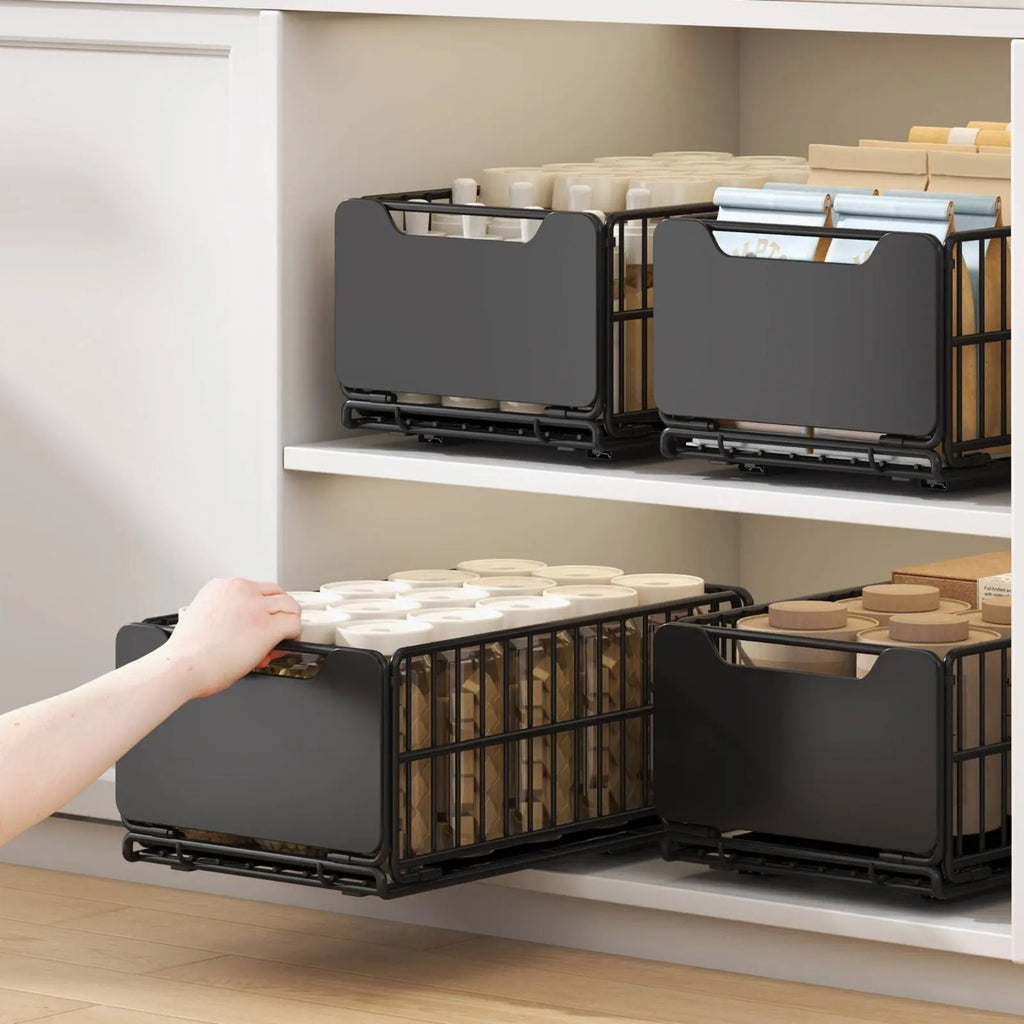 Under Sink Organizer Foldable Sliding Cabinet Basket Pull-Extendable Cabinet Drawer Effortless Gliding Kitchen Pull-Extendable