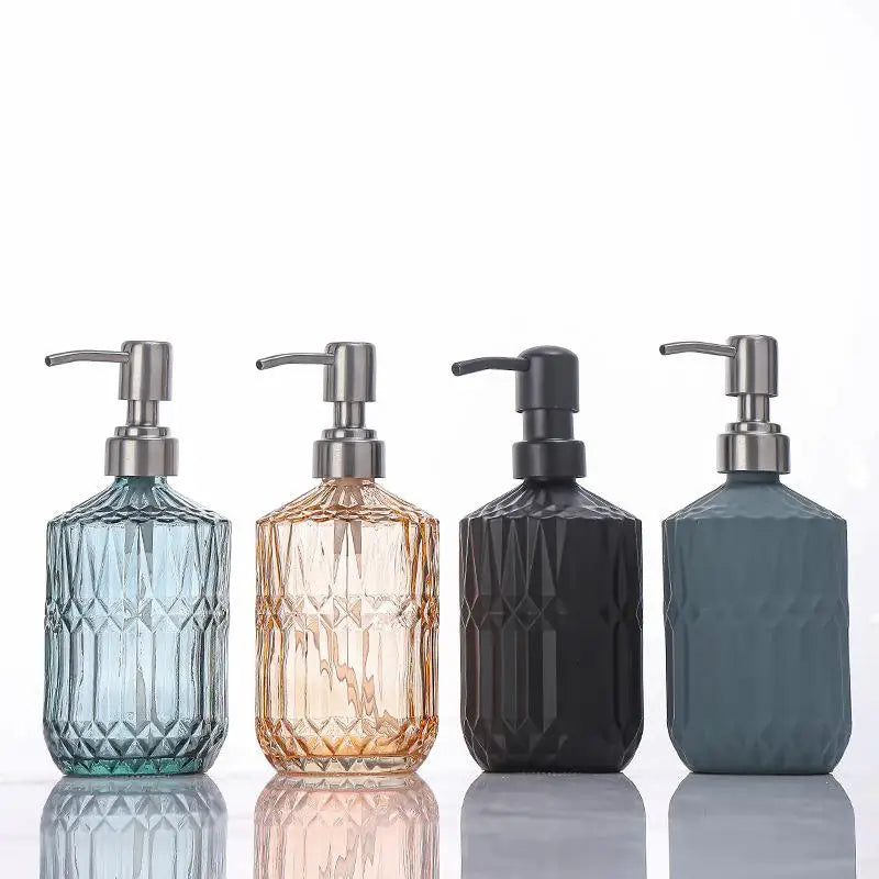 Diamond Textured Glass Soap Dispenser – 400ml Refillable Bathroom & Kitchen Pump Bottle