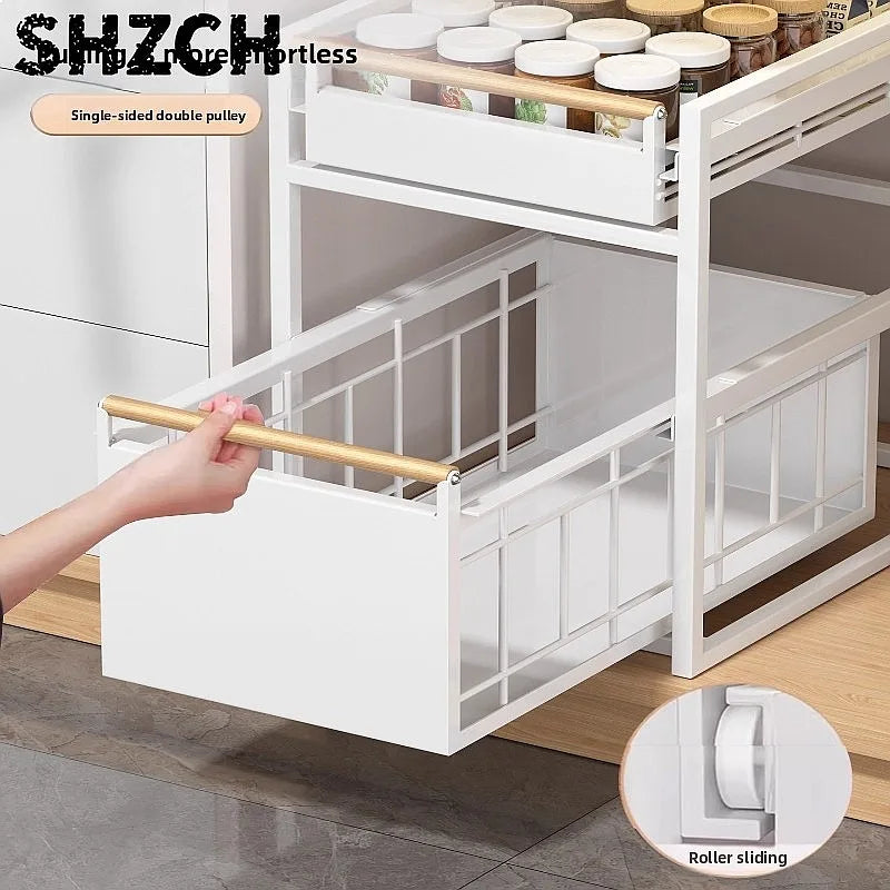 Stainless Steel Under-Sink Storage Rack Multi-Layer Pull-Out Organizer Kitchen Cabinet Basket Heavy-Duty Design