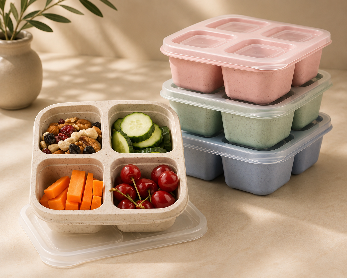 Single-Section Snack Holders, Compartmentalized Meal Box With Clear Covers, Reusable Food Containers For Professionals 4-Part Storage Boxes For Office Trips.