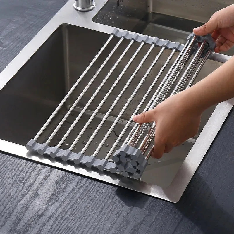 47*24cm Silicone Stainless Steel Sink Draining Rack Kitchen Roller Shutter Tableware Fruit and Vegetable Storage 12 Tubes