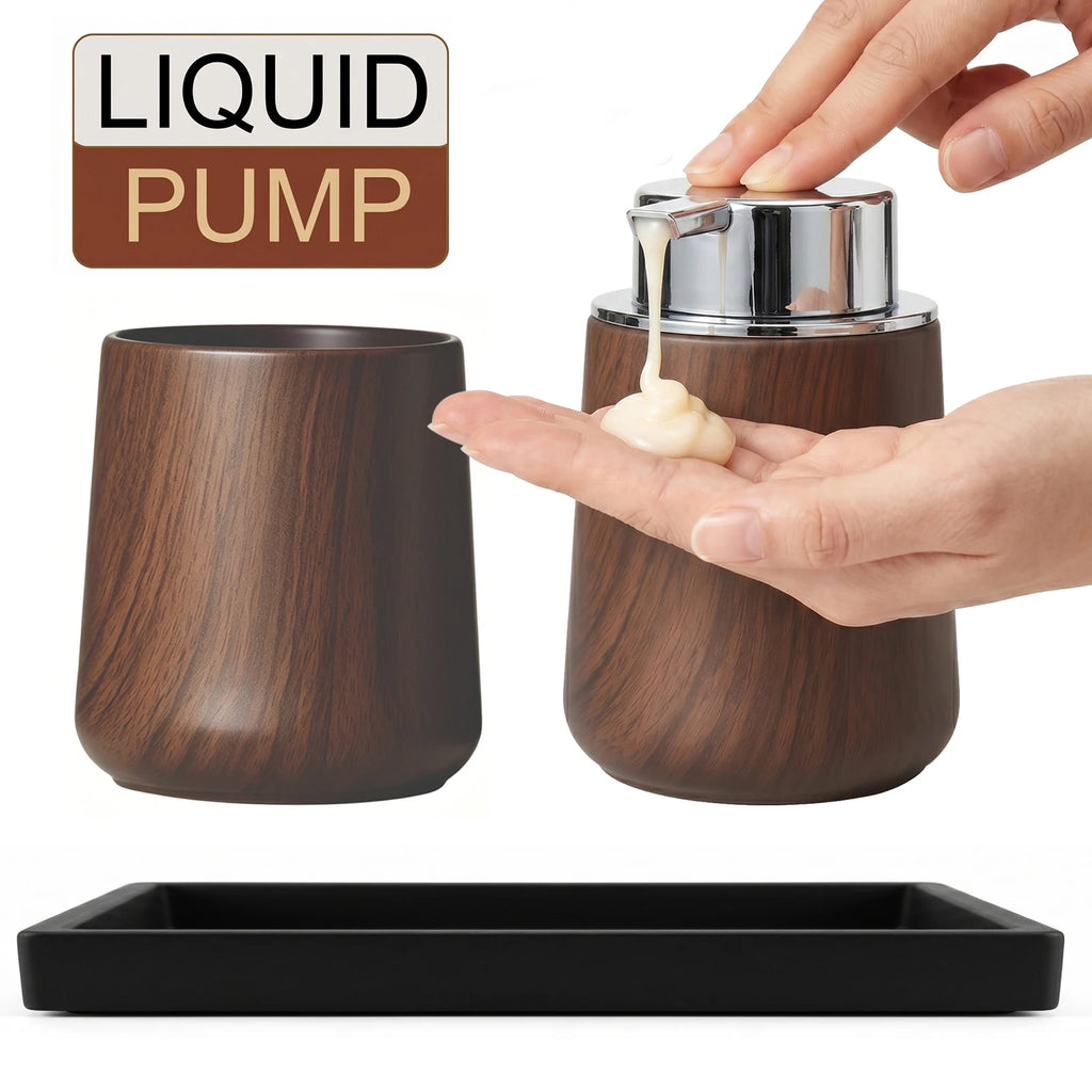 Cotton Lotion Hand Toothpaste Brush Storage Countertop Accessories Walnut Foam Soap Dispenser Bottle Set for Kitchen Bathroom