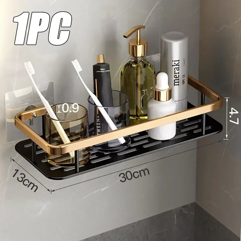Punch Holes Black Gold Aluminum Shelves Bathroom Kitchen Storage Double Layer Space Saving Rustproof Wall Mounted Durable Design