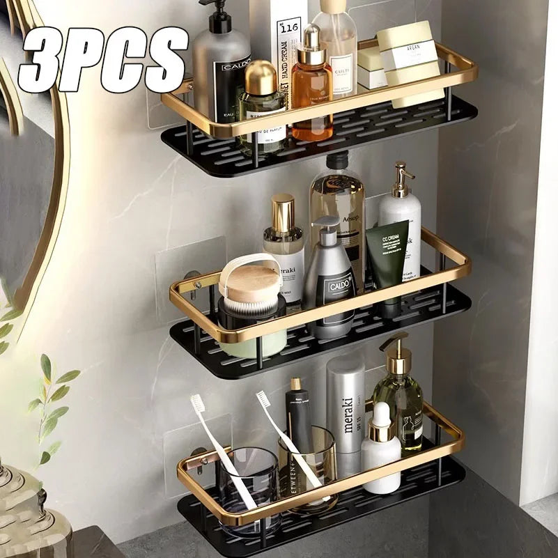 Punch Holes Black Gold Aluminum Shelves Bathroom Kitchen Storage Double Layer Space Saving Rustproof Wall Mounted Durable Design