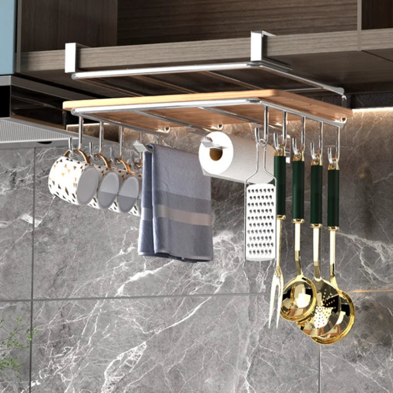 No-Drill 304 Stainless Steel 2-Tier Cabinet Organizer, Multifunctional Rack for Cutting Boards, Towels & Cups, Kitchen Storage