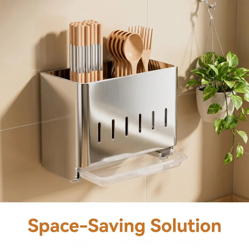 Stainless Steel Chopstick and Spoon Storage Rack Dual-Use for Wall Mounting and Countertop Detachable Drain Tray, Breathable and