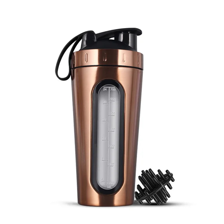 1Pc Stainless Steel Sports Water Mugs Shaker Bottles With Scale, Outdoor Gym Fitness Shake Cup Protein Powder Mixer Bottle 700ML
