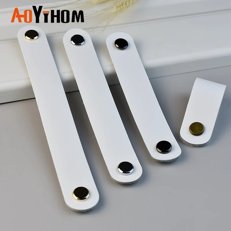 AOYIHOM Modern Minimalist Kitchen Cabinet Storage Leather Pulls White Nordic Cowhide Furniture Handle Drawer Wardrobe Door Knob