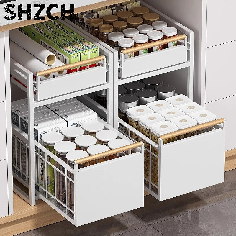 Stainless Steel Under-Sink Storage Rack Multi-Layer Pull-Out Organizer Kitchen Cabinet Basket Heavy-Duty Design