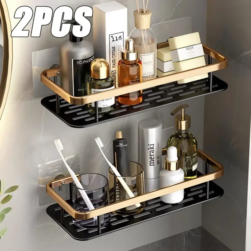 Punch Holes Black Gold Aluminum Shelves Bathroom Kitchen Storage Double Layer Space Saving Rustproof Wall Mounted Durable Design