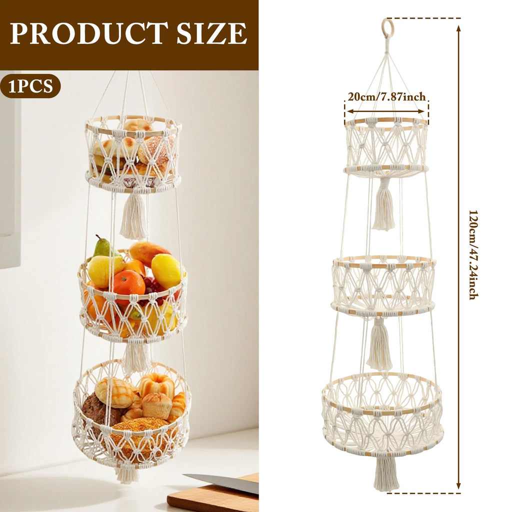 3 Tier Hanging Fruit Basket Handmade Woven Hanging Storage Basket Flower Pot Planter Hanger Garden Decoration Kitchen Basketry