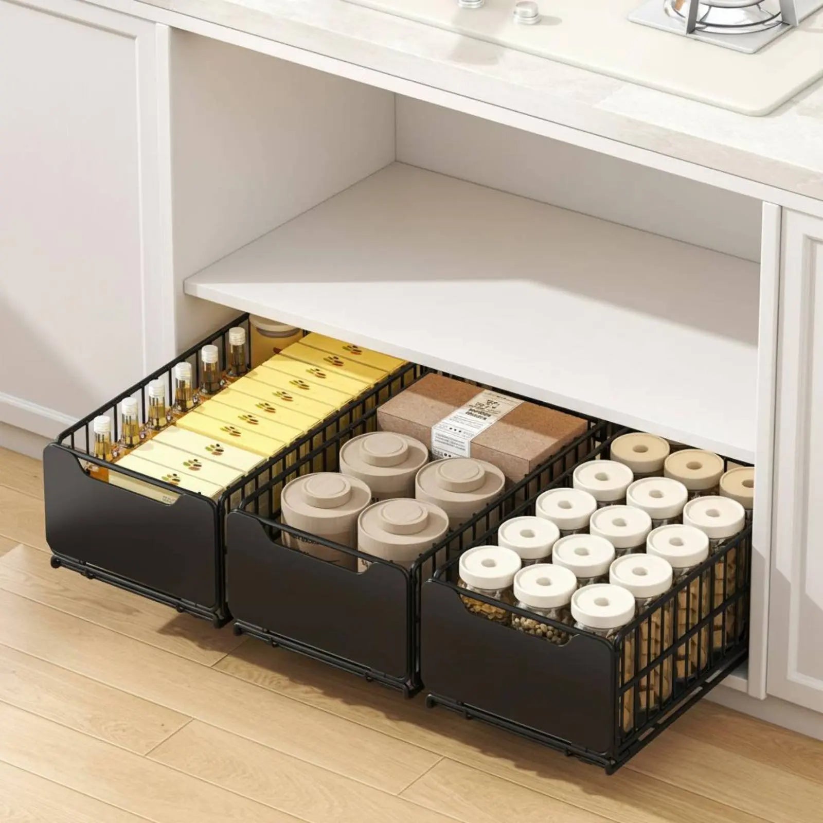 Under Sink Organizer Foldable Sliding Cabinet Basket Pull-Extendable Cabinet Drawer Effortless Gliding Kitchen Pull-Extendable