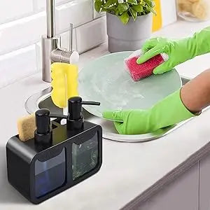 Kitchen Hand Soap and Dish Soap Dispenser Set, Dual Soap Dispenser with Sponge Holder and Brush Rack, 3-in-1 Storage Rack, Suitable for Kitchen Sink Countertops, Practical Kitchen Gadget