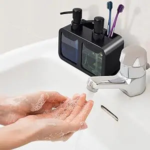 Kitchen Hand Soap and Dish Soap Dispenser Set, Dual Soap Dispenser with Sponge Holder and Brush Rack, 3-in-1 Storage Rack, Suitable for Kitchen Sink Countertops, Practical Kitchen Gadget