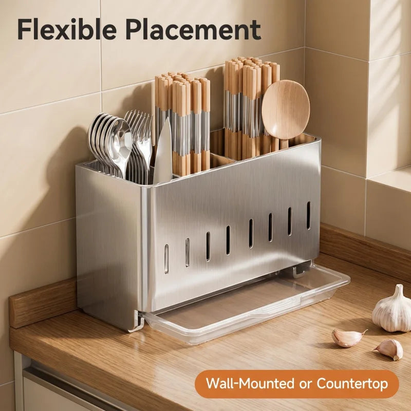 Stainless Steel Chopstick and Spoon Storage Rack Dual-Use for Wall Mounting and Countertop Detachable Drain Tray, Breathable and
