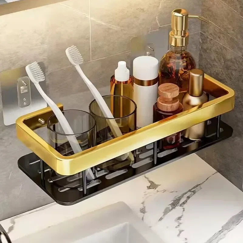 Punch Holes Black Gold Aluminum Shelves Bathroom Kitchen Storage Double Layer Space Saving Rustproof Wall Mounted Durable Design