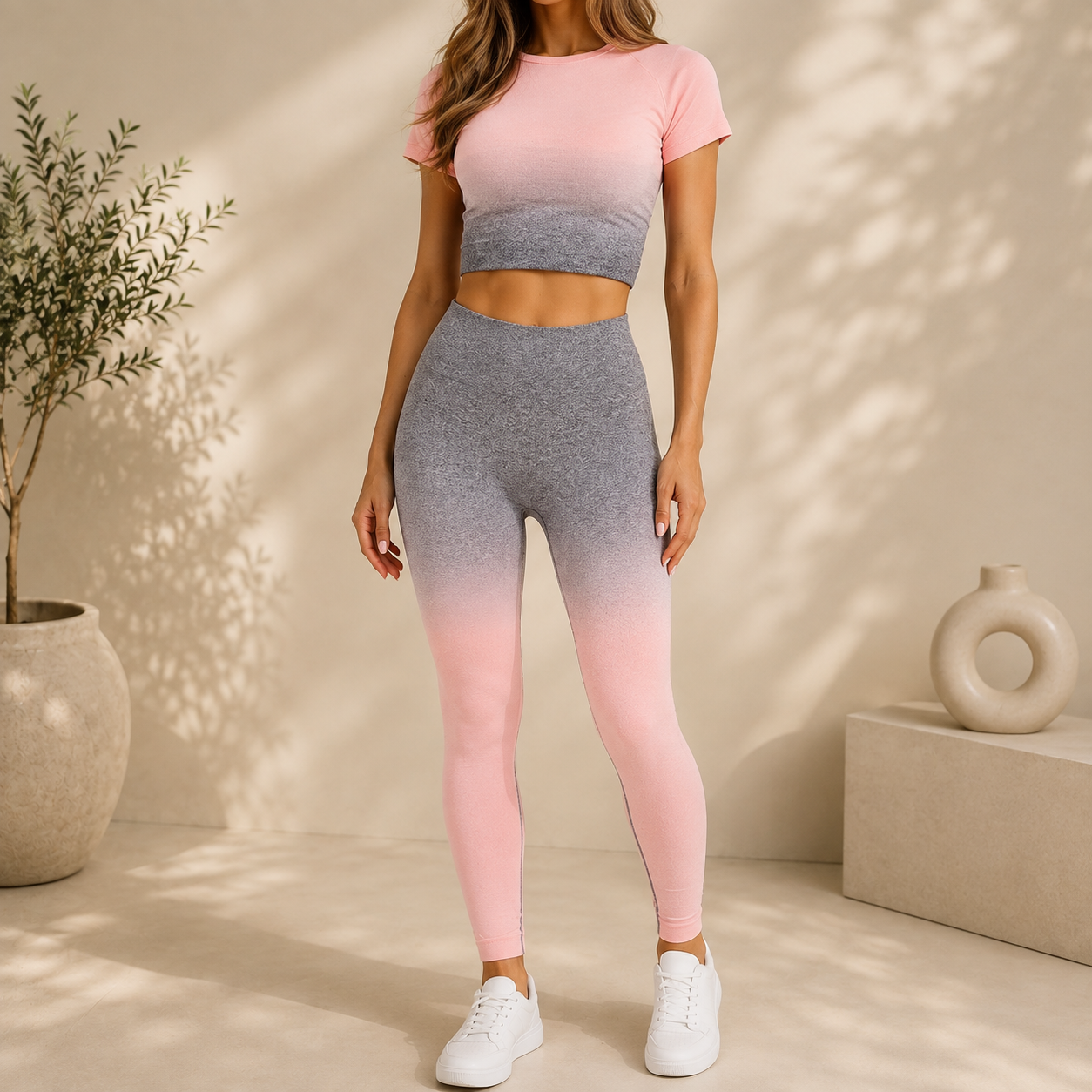 Gradient Short Sleeve Women's Sportswear suit Seamless Gym Clothing Women Gym Yoga Set Fitness Leggings+Cropped shirts