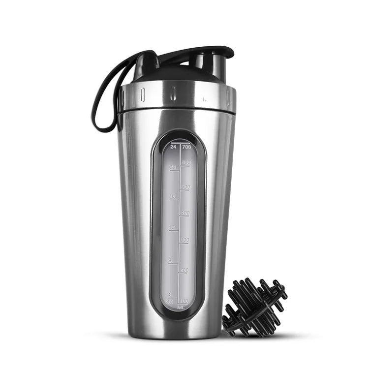 1Pc Stainless Steel Sports Water Mugs Shaker Bottles With Scale, Outdoor Gym Fitness Shake Cup Protein Powder Mixer Bottle 700ML