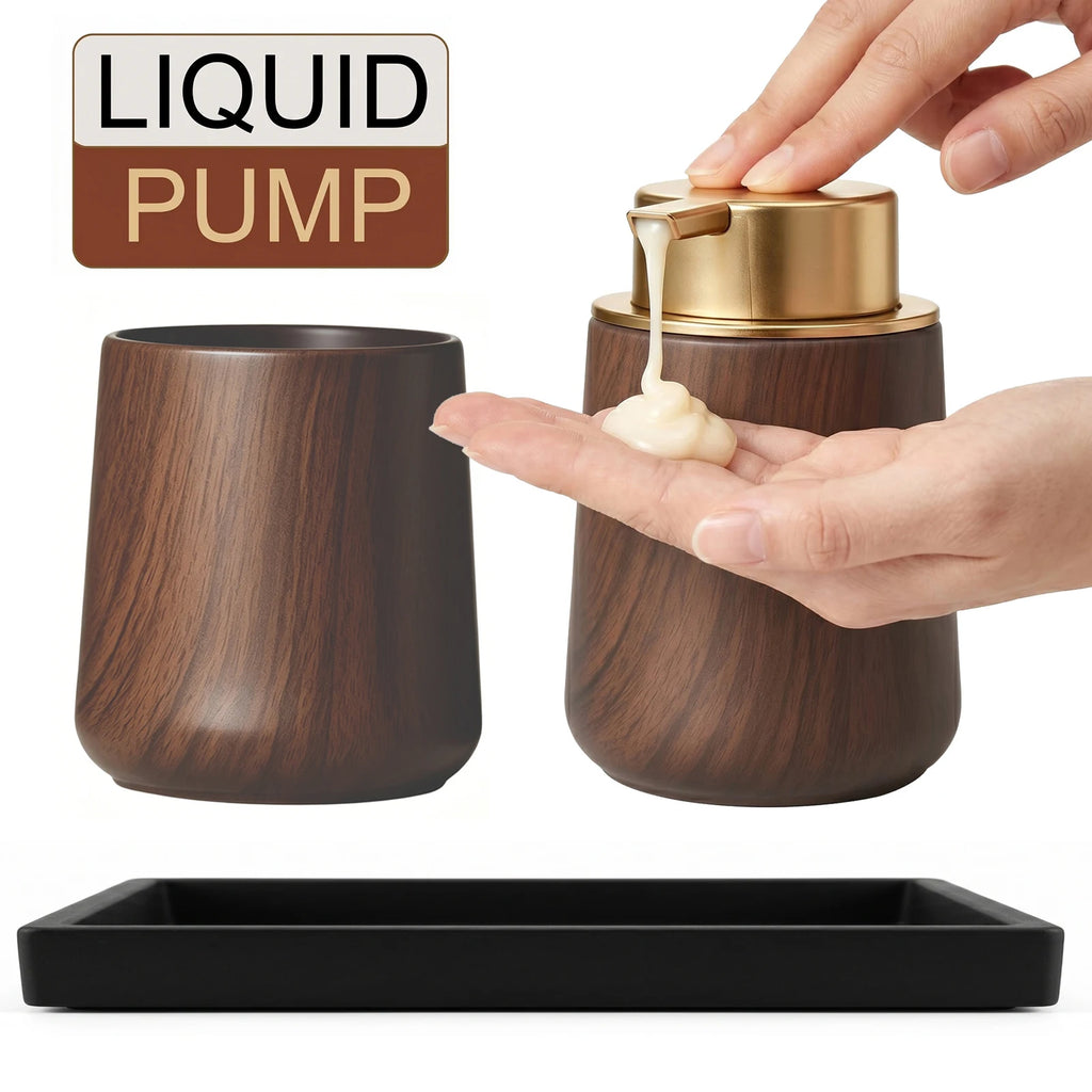 Cotton Lotion Hand Toothpaste Brush Storage Countertop Accessories Walnut Foam Soap Dispenser Bottle Set for Kitchen Bathroom