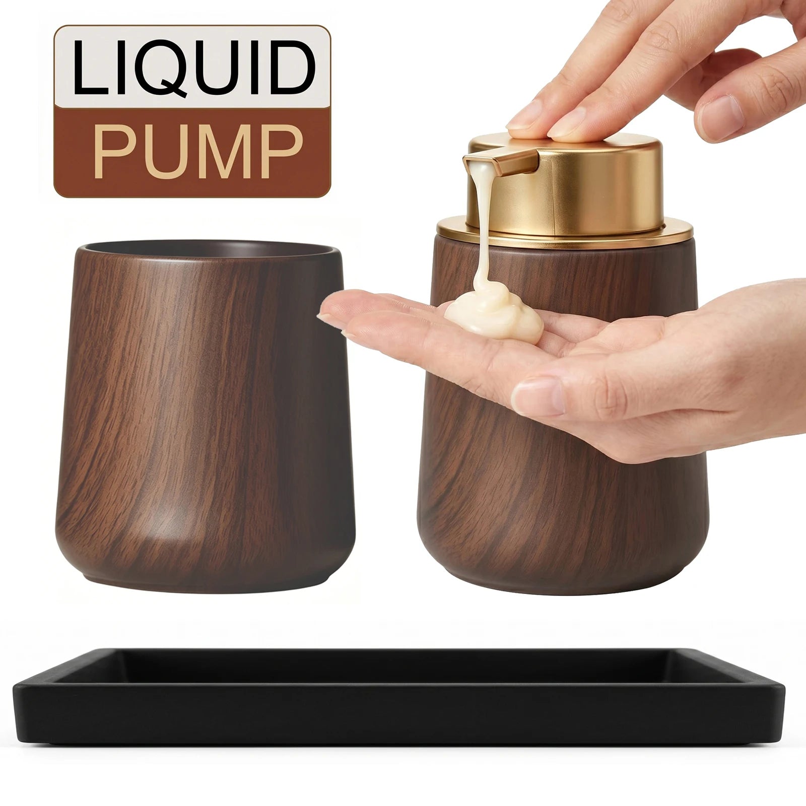 Cotton Lotion Hand Toothpaste Brush Storage Countertop Accessories Walnut Foam Soap Dispenser Bottle Set for Kitchen Bathroom
