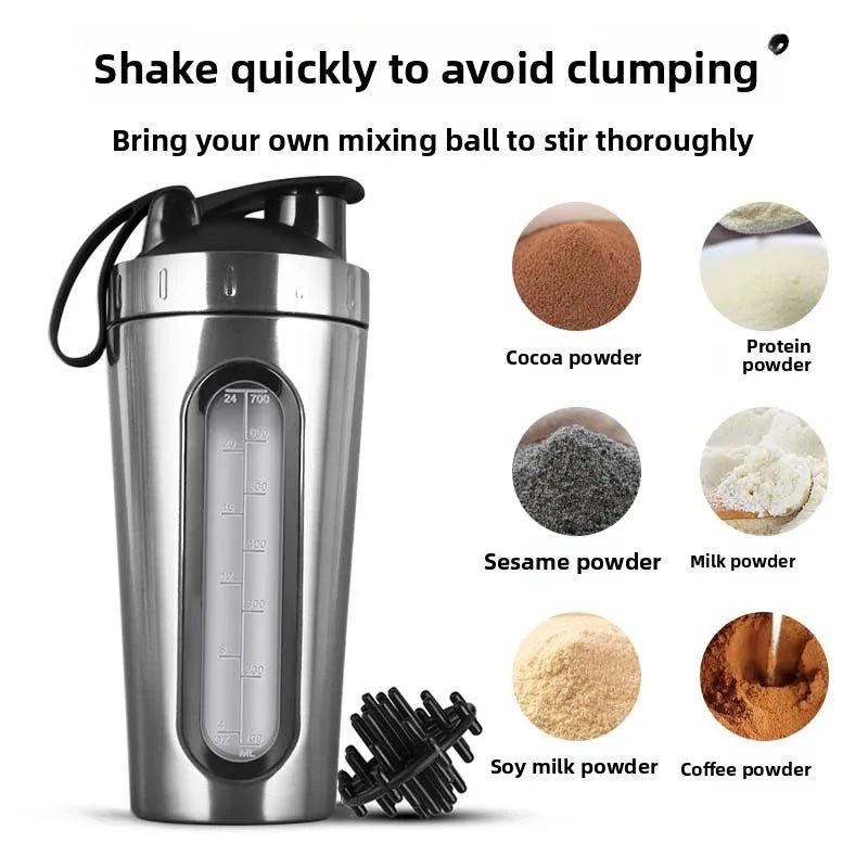 1Pc Stainless Steel Sports Water Mugs Shaker Bottles With Scale, Outdoor Gym Fitness Shake Cup Protein Powder Mixer Bottle 700ML