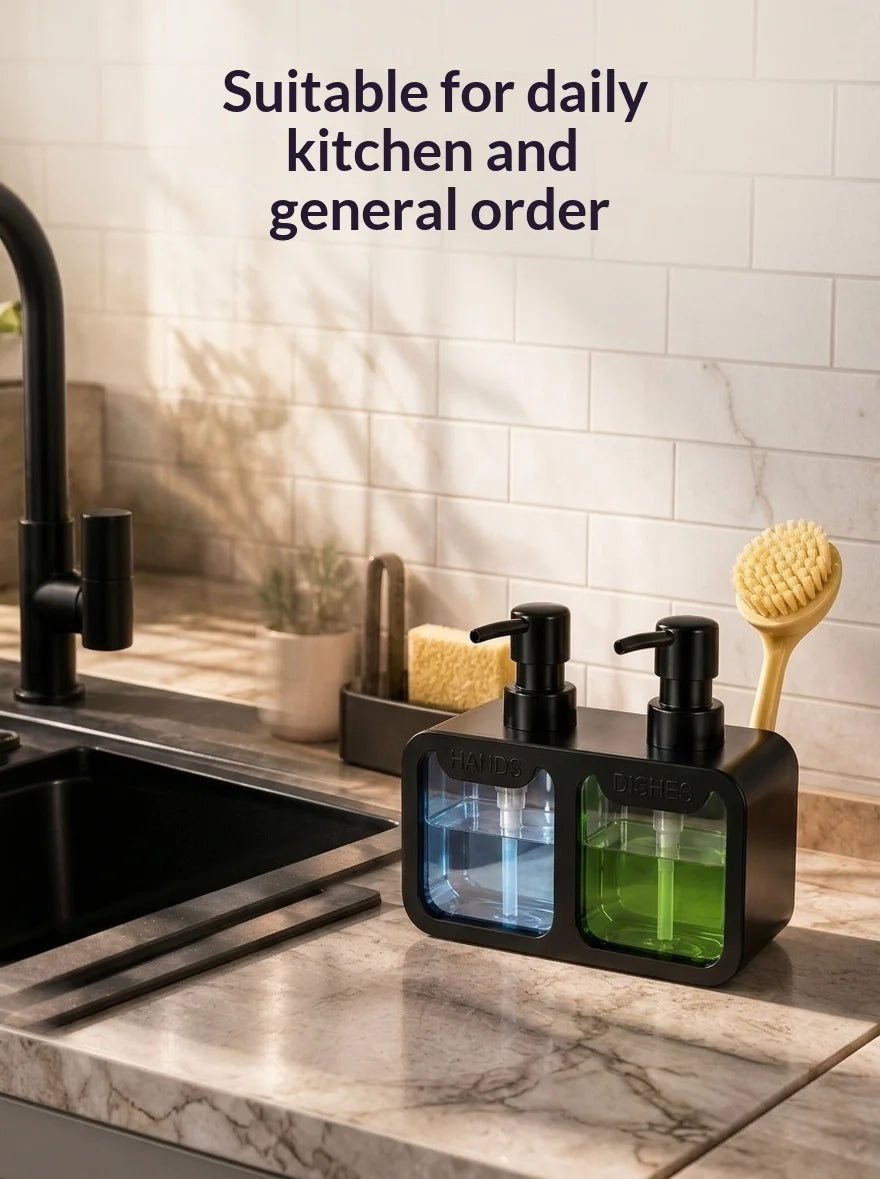 Kitchen Hand Soap and Dish Soap Dispenser Set, Dual Soap Dispenser with Sponge Holder and Brush Rack, 3-in-1 Storage Rack, Suitable for Kitchen Sink Countertops, Practical Kitchen Gadget